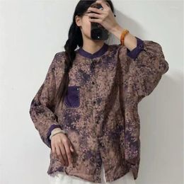 Women's Blouses Johnature 2024 Woman Spring Niche Splicing Contrast Print Loose Shirt Vintage Linen Long Sleeves O-Neck Casual