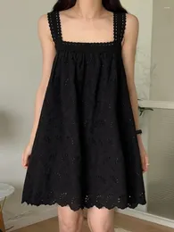 Casual Dresses Black Mini Halter Dress Women Summer Korean Loose Embroidery Hollow Sleeveless Short 2 Colours