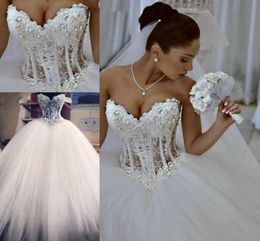 2020 Ball Gown Wedding Dresses Sweetheart Corset See Through Floor Length Princess Bridal Gowns Beaded Lace Pearls Custom Made HY39125031