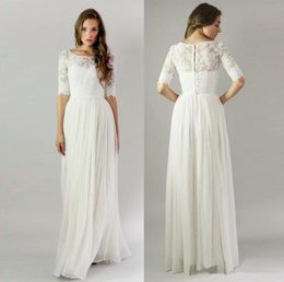 Summer vintage wedding dresses with half sleeves applique lace long chiffon bridal dress china scoop neck buttons back wedding gow3095847