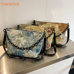 Shoulder Bags Canvas Women's Bag Trend 2024 Retro Oil Painting Purse Handbags Jacquard Crossbody Ladies Acrylic Chain Large Pouch