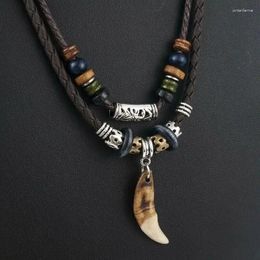 Pendant Necklaces Fashion Men Goth Multi-layer Vintage Wolf Tooth Leather Beaded Weaved Prayer Necklace Women's Jewellery