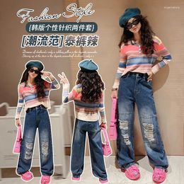 Clothing Sets Teenager Girls Clothes Set Striped Knit Sweater Hole Wide Leg Jeans 2pcs 4-15 Kids Suit Roupa Infantil Menina Children Outfits