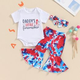 Clothing Sets FOCUSNORM 0-18M Independence Days Baby Girls Clothse 3pcs Short Sleeve Letter Print Romper Tie-dye Flare Pants Headband