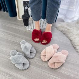 Slippers 2024 Women's Autumn Winter Fashion Flat Bottom Home Floor Insulation Cross Plush Cotton Non-slip Casual Comfortable