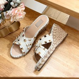 Genuine Leather Rivet Wedges Slippers Women Shoes Open Toe Hemp Rope Thick Sole Slide Mules Ladies Shoes