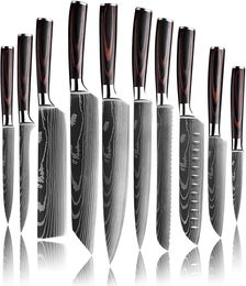 High Quality 7CR17MOV Stainless Steel Chef Knife Set Japanese Sharp Kitchen Cleaver Utility Slicing Santoku Laser Damascus Pattern1661383