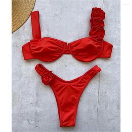 Women's Swimwear Red Flowers Bikini Thong Underwired Push Up Swimsuit Pleated 3D Floral Vacation Swimwears Sexy Women Beach Bathing Swimming