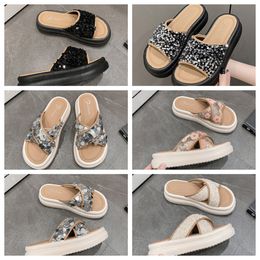 New Thick soled cross strap cool slippers women black white Exquisite sequin sponge cake sole one line trendy slippers