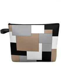 Cosmetic Bags Brown Grey Patchwork Abstract Art Makeup Bag Pouch Travel Essentials Women Toilet Organiser Storage Pencil Case