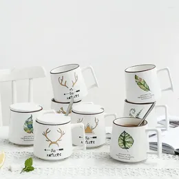 Mugs 400ml Ceramic Coffee Mug Creative Nordic Leaves Plant Breakfast Cup Black Roll Rim With Handgrip Spoon Milk Tea