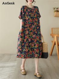 Party Dresses Cotton Short Sleeve Vintage Print Floral Summer Midi For Women 2024 Casual Loose Ladies Dress Femme Robe Elegant Clothes