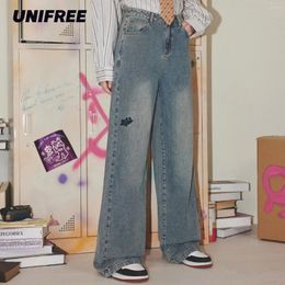 Women's Jeans UNIFREE Vintage Streetwear For Women Loose Wide Leg Denim Pants Korean Fashion 2024 Autumn Winter