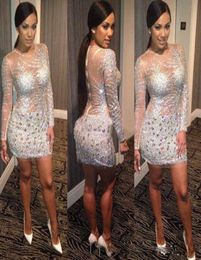 2019 Short Cocktail Dresses Crew Sheer Neck Long Sleeve Rhinestones Crystals Beads Sequins Zip Back Mini Sheath Party Gowns Custom6569256