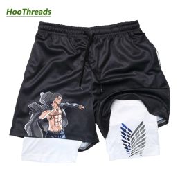 Shorts 2 In1 Performance Gym Shorts for Men Attack on Titan Print Quick Dry Stretch Athletic Active Shorts Male Fitness Workout Jogging