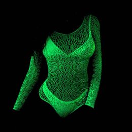Erotic Lingerie Hollow Out Bodysuit Long Sleeve Fishnet Body Suit Ladies Sexy Stretchy Bodysuit Glow In The Dark Body Femme