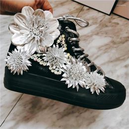 Casual Shoes Sneakers Black Cool Fashion Graffiti Thick Sole Small Dirty Heavy Industry Metal Flower Punk Style Plush Canvas