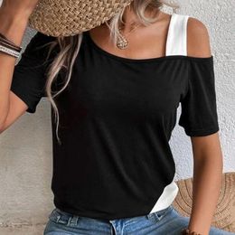 Women's Blouses Stretchy Top Comfortable Loose Fit Stylish Off-shoulder Summer Tops For Women Skew Collar Short Sleeve Tee With Patchwork