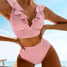 Women's Swimwear Women Backless Bikini Set Stylish Summer With Ruffle Stitching Tops High Waist Swimming Trunks Solid Color
