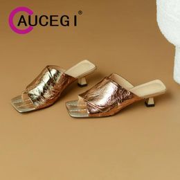 Sandals Aucegi Classic Styly Summer Fashionable Comfortable Elegant Slippers Square Toe Mid Heel Genuine Leather Dress Event Shoes