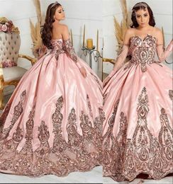 2022 Pink Sexy Shining Quinceanera Dresses Sweet 15 Dress Sweetheart Appliqued Crystal Prom Gowns Sequins With Sleeves Rose Gold S9124280