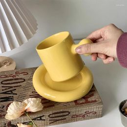 Mugs Ceramic Coffee Mug With Saucer Cute Macaron Round Handle Breakfast Milk Water Cup Home Drinkware