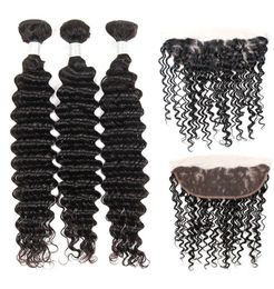 Peruvian Virgin Human Hair Extensions 10A 3 Bundles Deep Wave With 13X4 Lace Frontal Closure Human Hair Weaves Deep Wave Curly Hai9059750