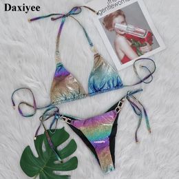 Women's Swimwear 2024 Rhinestones Bikinis Gradient Color Swimsuit Halter String Shiny Diamond Female Push Up Bathing Suit Biquini