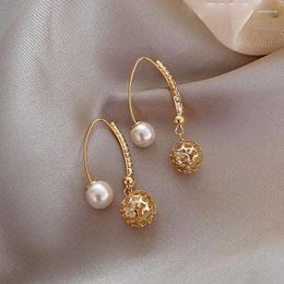 Dangle Earrings 2024 Korea Style Hollow-out Ball Stud Retro Baroque Sweet Princess Gold Plated Pearl Earring Women Wedding Jewellery