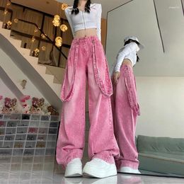 Women's Pants American Style Vintage Washed Old Jeans Loose Straight Strap Double-Wear Casual Pink Wide-Leg