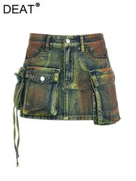 DEAT Womens Denim Skirts Tie-dye Green Irregular Spliced Multiple Pockets Cargo Mini Skirt 2024 Summer Fashion 29L3411 240412