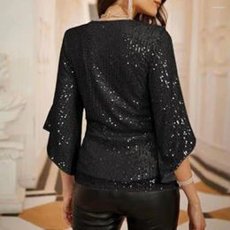 Women's Blouses Women Glitter Shirt Elegant Shiny Sequin V Neck Blouse For Three Quarter Sleeve Loose Pullover With Hollow Out Detail Soft