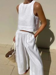 Casual Summer Two Piece Set Women Outfit 2023 White Solid Loose Tank Crop Top Wide Leg Pants Suits Chic and Elegant Woman Sets 240410