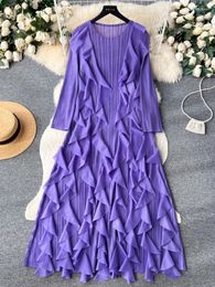 Casual Dresses Women Elegant Ruffles Party Dress Spring Autumn Long Loose Oversized Pleated Ladies Solid Vintage Robe