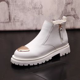 Boots Designer Mens White Casual Comfort Shoes High Top Trending Metel Charm Street Leisure Boots Male Platform Younger Shoe Errfc