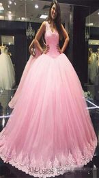 Vneck Applique Lace Ball Gowns Pink Quinceanera Dress Elegant Sexy 16 Dresses Puffy Lace Up Back Gowns2346980