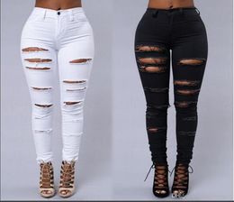 High Street Women Skinny Jeans Sexy Ripped Skin Tight Jeans Fashion Black and White Pencil Denim Pants4542357