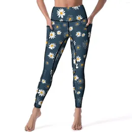 Active Pants White Daisy Print Leggings Pockets Showy Flowers Yoga Push Up Fitness Running Legging Retro Stretchy Sports Tights