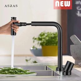 Kitchen Faucets Asras 4042 Stainless Steel Pull-out Balck Faucet And Cold Shower Outlet Sink Telescopi Mixer Split Style Basin Tap