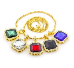 Mens Square Ruby Pendant Necklace Gold Box Chain For Men Fashion Hip Hop Necklaces Jewelry3045423