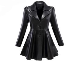 Women039s Leather Faux Leather Women s Jackets Nerazzurri Fit and flare faux leather coat notched lapel long sleeve puff Skirte9486687