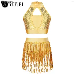 Stage Wear Kids Girls Sequins 2 Pcs Modern Jazz Dance Outfit Halter Crop Top With Tassel Skirts Hiphop Ballet Dress