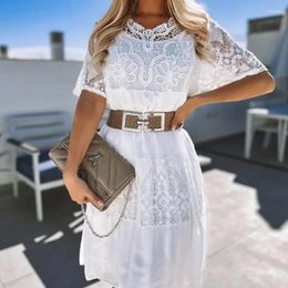 Casual Dresses Short Sleeve White Lace Patchwork O Neck Dress For Women Summer Elegant Ladies Party Club Femme Mini Hollow Vestidos