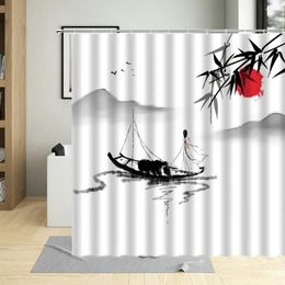 Shower Curtains Antiquity Chinese Style Ink Painting Bamboo Leaves Curtain Boat Mountain Bathroom Decor Screen Cloth With Hooks