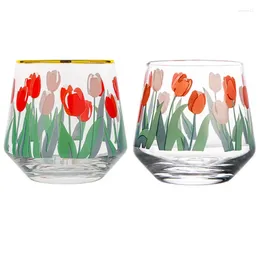 Wine Glasses Multi-Purpose Ins 400ml Hand-Painted Tulips Whiskey Vodka Sake Soda Cup Fashion Iced Coffee Cocktail Drinkware With