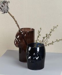 Vases Transparent Glass Otter Bear Head Statue Desk Decor Ornaments Flower Insert Painted Glazed Vase Home Decoration Modern2103194