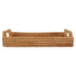 Decorative Figurines Hand- Woven Rattan Serving Tray With Handles Wicker Fruit Bread Basket Organiser For Breakfast Drinks Snack