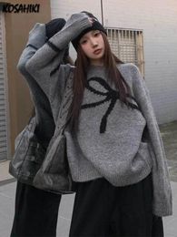 Women's Sweaters 2024 Loose Grunge Bow Jacquard Y2k Aesthetic Vintage Knitted Pullovers Streetwear Contrast Color Jumpers