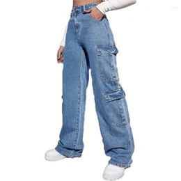 Women's Jeans Denim Straight Trousers Autumn Winter Blue Y2K Ladies Overalls Pocket Casual Long Pants Street Women Clothing Arrival