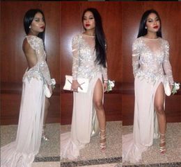 2019 Sexy Long Prom Dresses High Side Split Long Sleeve Jewel Neckline Open Back Party Gowns With Court Train Custom Made New Desi1453766
